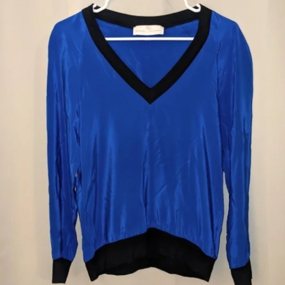 Amanda Uprichard Silk Royal Blue Blouse with Black Trim